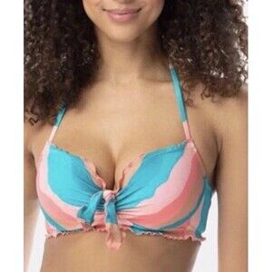New Sundazed Bikini TOP Ruffle Trim Padded Underwire 32C Pink Teal NWT